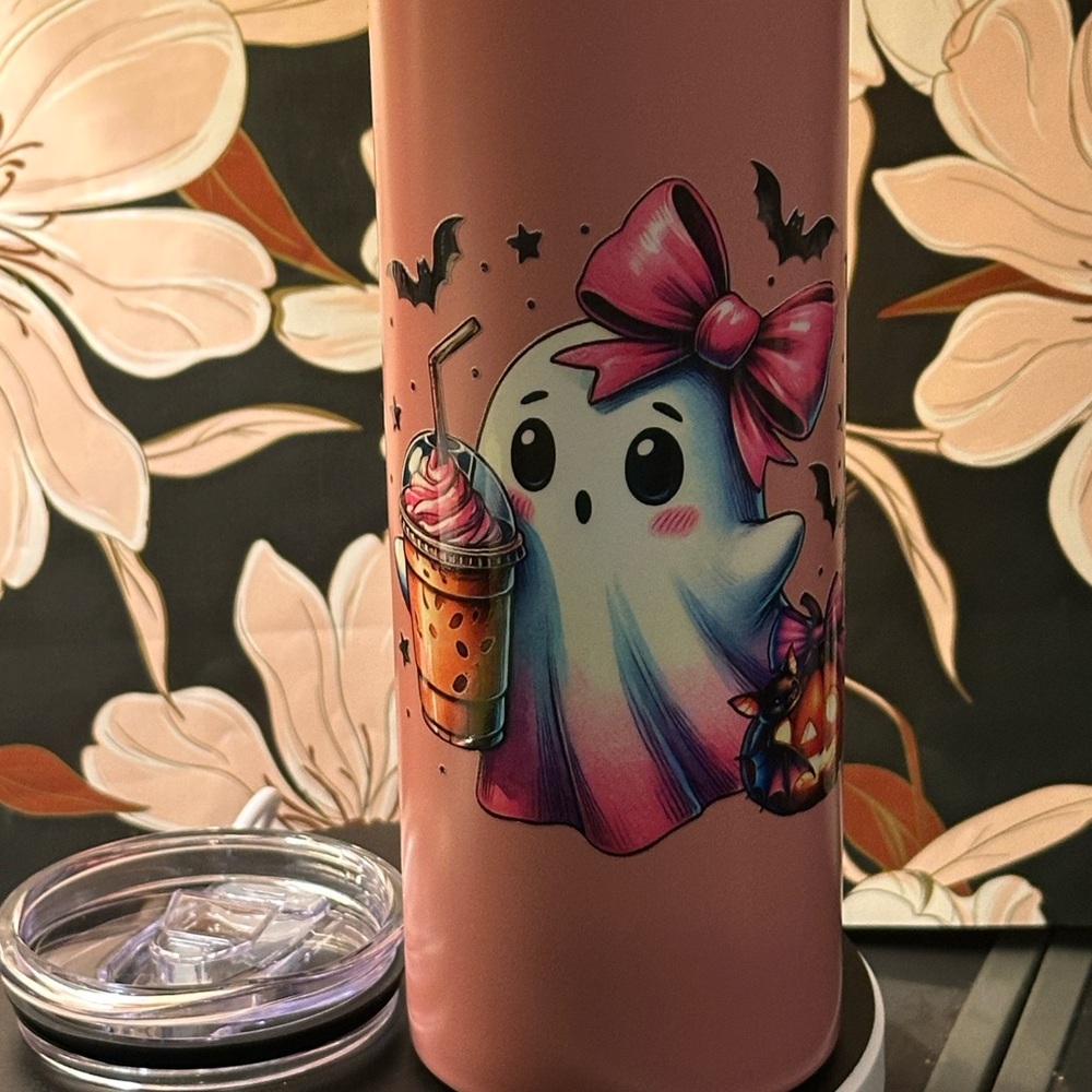 Pink Ghost Tumbler with Straw Design
